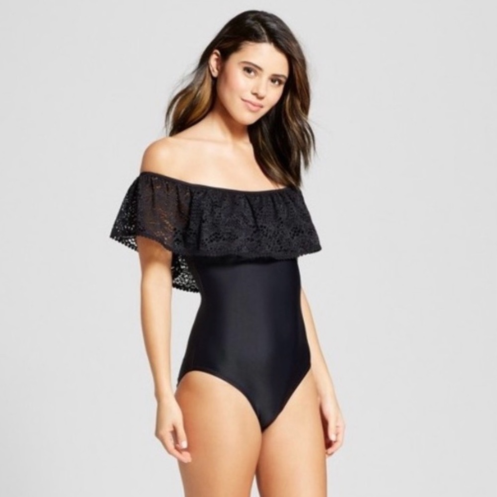 Mossimo Womens Crochet Off the Shoulder One Piece in Black size Small Swimsuit
